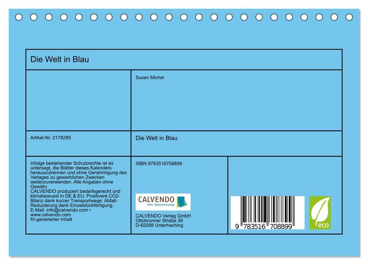 Produktbild: Die Welt in Blau (Tischkalender 2026 DIN A5 quer), CALVENDO Monatskalender