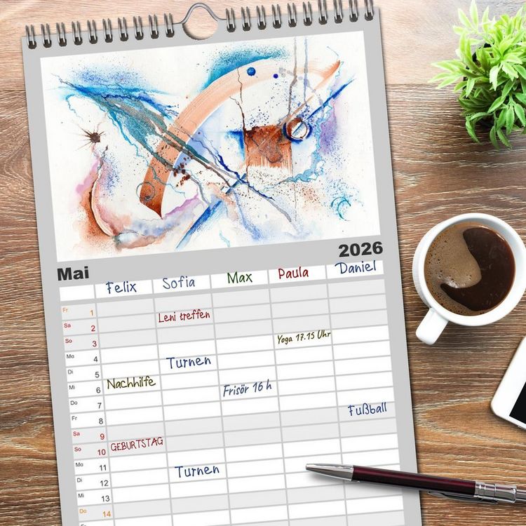 Produktbild: Familienplaner 2026 - Abstrakte Aquarelle mit 5 Spalten (Wandkalender, 21 x 45 cm) CALVENDO
