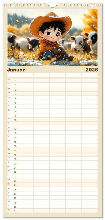 Produktbild: Familienplaner 2026 - Kleine Farmer. Niedliche Jungs mit ihren tierischen Freunden mit 5 Spalten (Wandkalender, 21 x 45 cm) CALVENDO