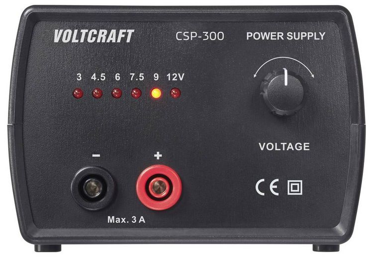 Produktbild: VOLTCRAFT CSP-300 Labornetzger&auml;t, einstellbar Gleichspannung 3 V, 4.5 V, 6 V, 7.5 V, 9 V, 12V 3A (max.) 36W Netz- und Akkubetrieb