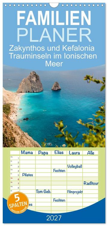 Produktbild: Familienplaner 2027 - Zakynthos und Kefalonia Trauminseln im Ionischen Meer mit 5 Spalten (Wandkalender, 21 x 45 cm) CALVENDO