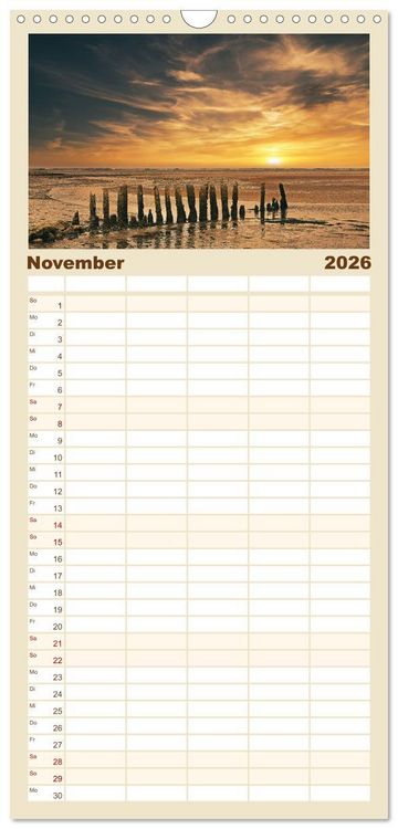 Produktbild: Familienplaner 2026 - Traumhafte Sonnenunterg&auml;nge an der Nordsee mit 5 Spalten (Wandkalender, 21 x 45 cm) CALVENDO