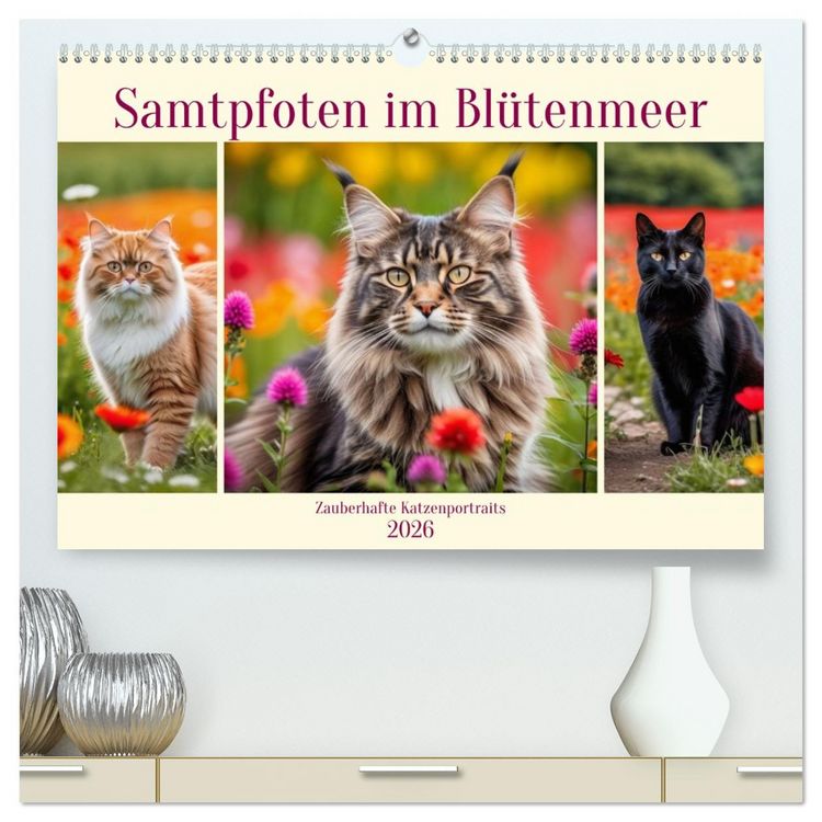 Produktbild: Samtpfoten im Bl&uuml;tenmeer (hochwertiger Premium Wandkalender 2026 DIN A2 quer), Kunstdruck in Hochglanz