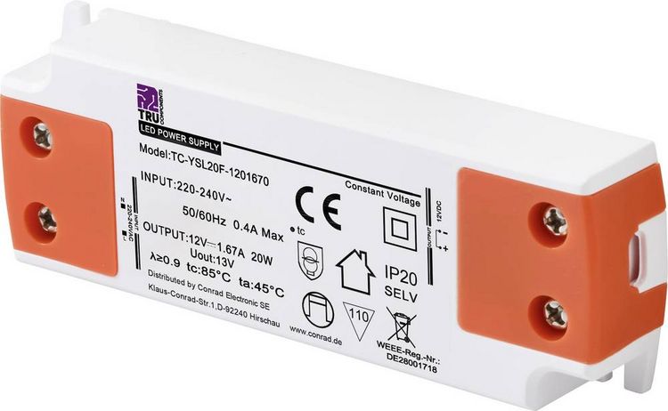 Produktbild: TRU COMPONENTS TC-YSL20F-1201670 LED-Trafo Konstantspannung 20W 1.67A 12 V/DC M&ouml;belzulassung, &Uuml;berspannung, Montage auf