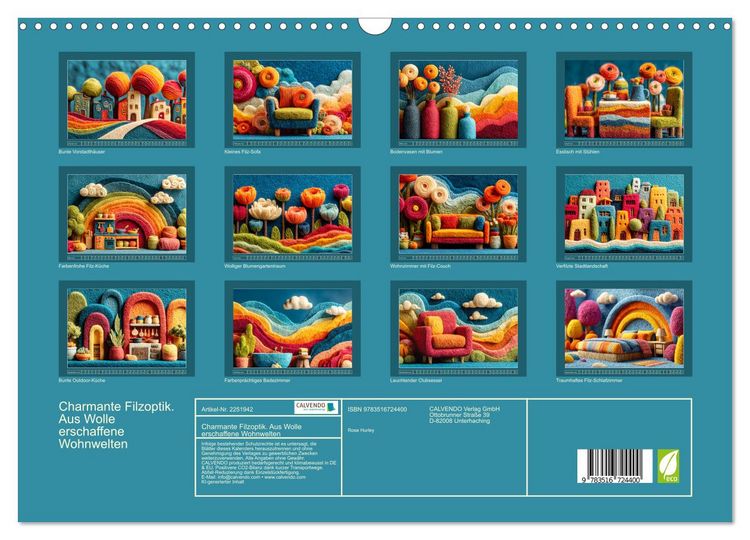 Produktbild: Charmante Filzoptik. Aus Wolle erschaffene Wohnwelten (Wandkalender 2026 DIN A3 quer), CALVENDO Monatskalender