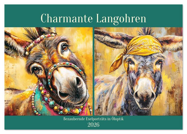 Produktbild: Charmante Langohren. Bezaubernde Eselportr&auml;ts in &Ouml;loptik (Tischkalender 2026 DIN A5 quer), CALVENDO Monatskalender