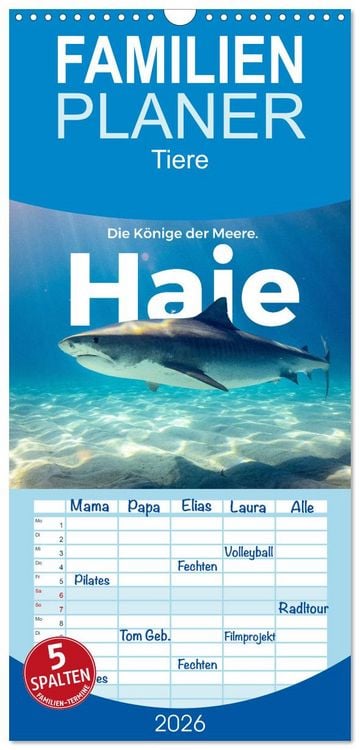 Produktbild: Familienplaner 2026 - Haie - K&ouml;nige der Meere. mit 5 Spalten (Wandkalender, 21 x 45 cm) CALVENDO