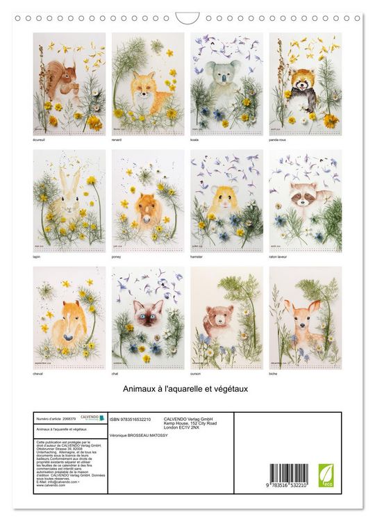 Produktbild: Animaux &agrave; l'aquarelle et v&eacute;g&eacute;taux (Calendrier mural 2026 DIN A3 horizontal), CALVENDO calendrier mensuel