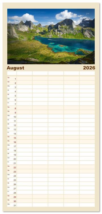 Produktbild: Familienplaner 2026 - Farben der Lofoten - Jahreszeiten jenseits des Polarkreises mit 5 Spalten (Wandkalender, 21 x 45 cm) CALVENDO