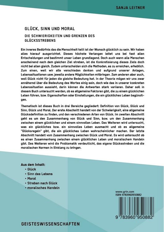 Produktbild: Gl&uuml;ck, Sinn und Moral. Die Schwierigkeiten und Grenzen des Gl&uuml;cksstrebens