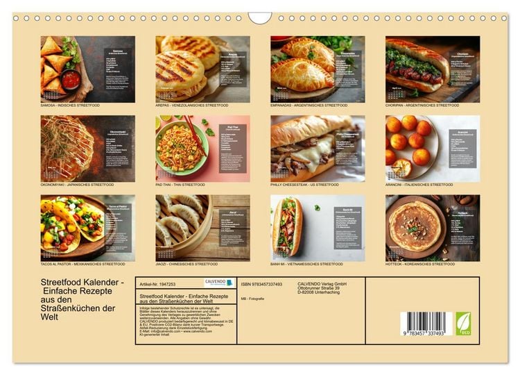 Produktbild: Streetfood Kalender - Einfache Rezepte aus den Stra&szlig;enk&uuml;chen der Welt (Wandkalender 2026 DIN A3 quer), CALVENDO Monatskalender