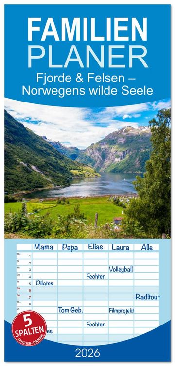 Produktbild: Familienplaner 2026 - Fjorde & Felsen &ndash; Norwegens wilde Seele mit 5 Spalten (Wandkalender, 21 x 45 cm) CALVENDO