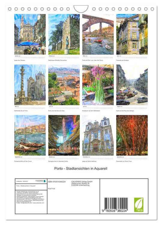 Produktbild: Porto - Stadtansichten in Aquarell (Wandkalender 2026 DIN A4 hoch), CALVENDO Monatskalender