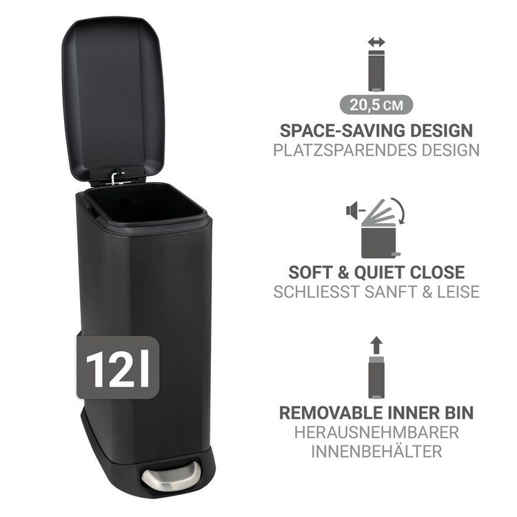 Produktbild: Treteimer Mod. Design 12 L, Easy-Close, Schwarz, mit herausnehmbarem Einsatz