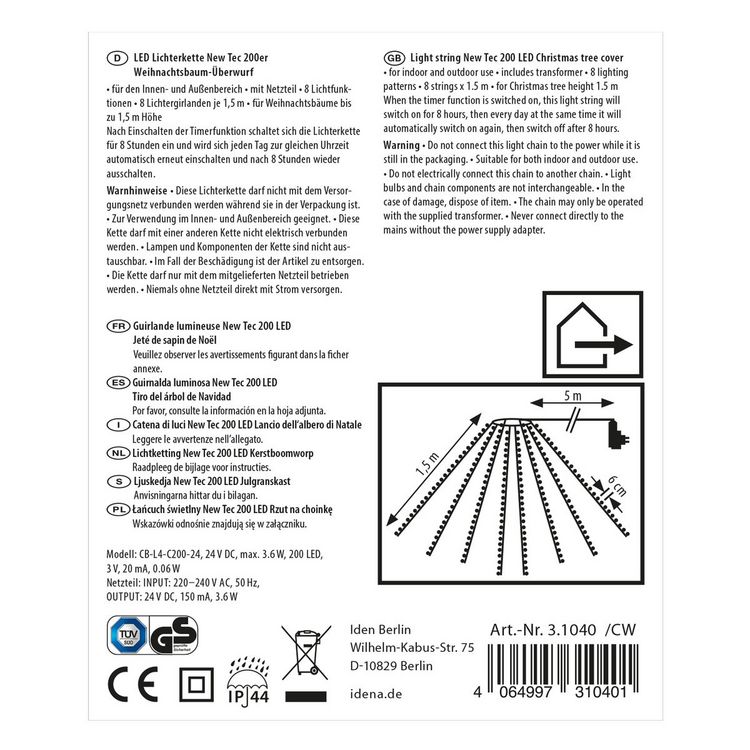 Produktbild: Idena Lichterkette NewTec Weihnachtsbaum-&Uuml;berwurf 200 LED warmwei&szlig; f&uuml;r Innen & Au&szlig;en