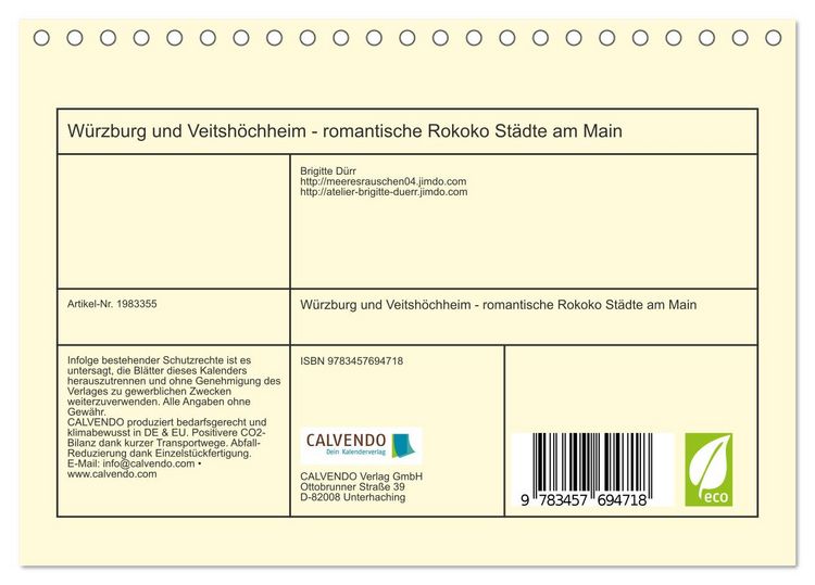 Produktbild: W&uuml;rzburg und Veitsh&ouml;chheim - romantische Rokoko St&auml;dte am Main (Tischkalender 2026 DIN A5 quer), CALVENDO Monatskalender