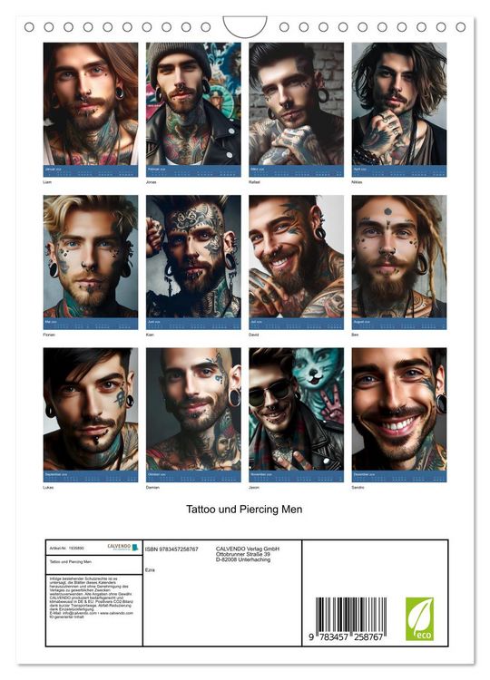 Produktbild: Tattoo und Piercing Men (Wandkalender 2026 DIN A4 hoch), CALVENDO Monatskalender