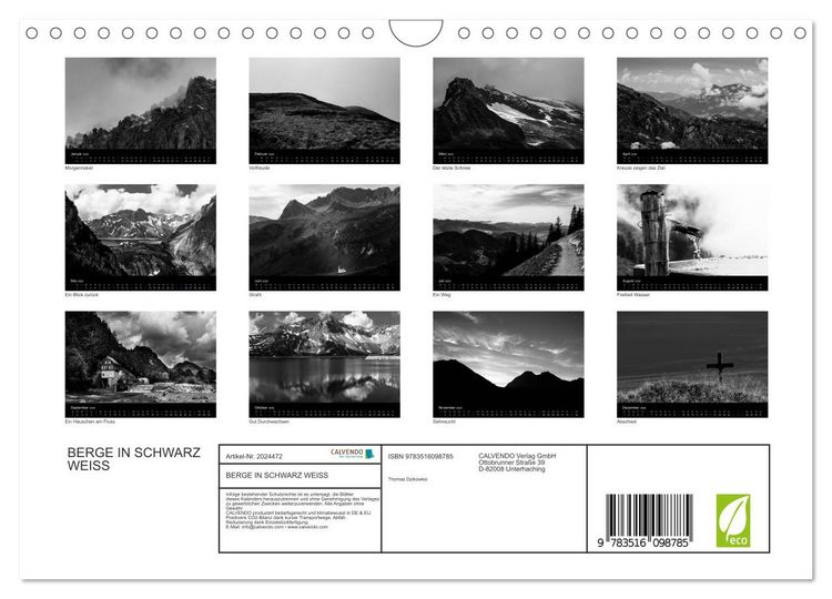 Produktbild: BERGE IN SCHWARZ WEISS (Wandkalender 2026 DIN A4 quer), CALVENDO Monatskalender