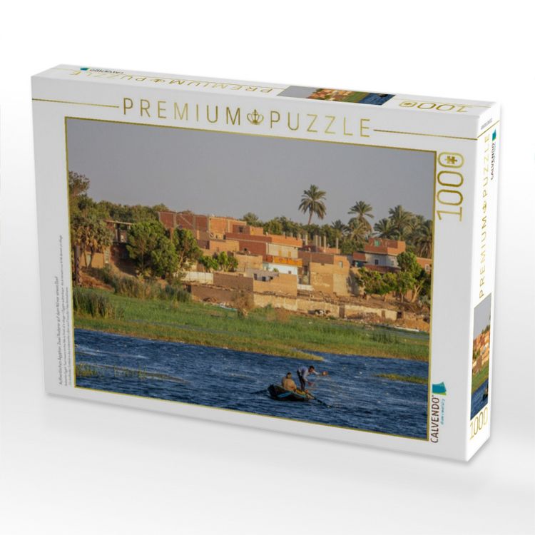 Produktbild: CALVENDO Puzzle Authentisches &Auml;gypten: Zwei Ruderer auf dem Nil vor einem Dorf | 1000 Teile Lege-Gr&ouml;&szlig;e 64x48cm Foto-Puzzle f&uuml;r gl&uuml;ckliche Stunden