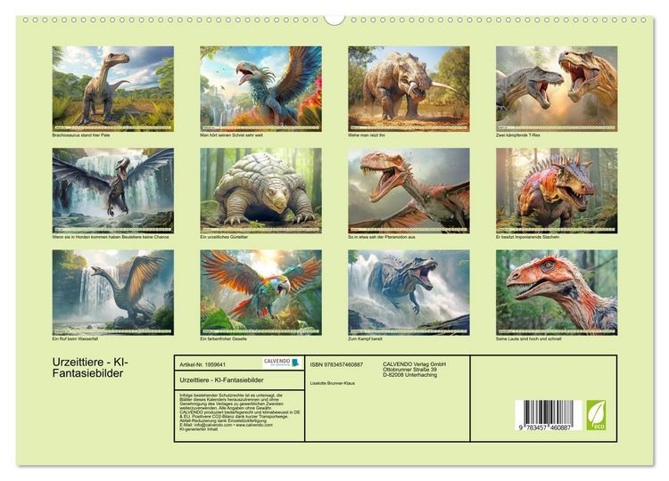 Produktbild: Urzeittiere - KI-Fantasiebilder (hochwertiger Premium Wandkalender 2026 DIN A2 quer), Kunstdruck in Hochglanz