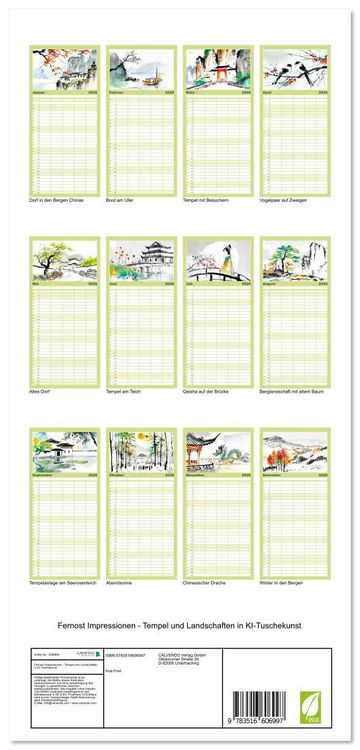 Produktbild: Familienplaner 2026 - Fernost Impressionen - Tempel und Landschaften in KI-Tuschekunst mit 5 Spalten (Wandkalender, 21 x 45 cm) CALVENDO