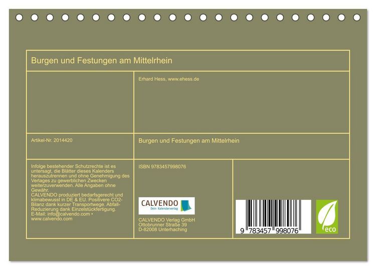 Produktbild: Burgen und Festungen am Mittelrhein (Tischkalender 2026 DIN A5 quer), CALVENDO Monatskalender