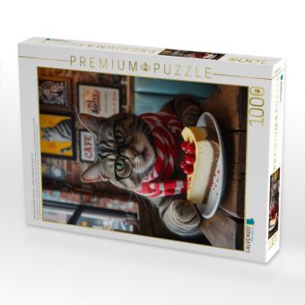 Produktbild: CALVENDO Puzzle Caf&eacute;-Katze mit Brille und Kuchen - witziges Katzenbild im Hipster-Stil | 1000 Teile Lege-Gr&ouml;&szlig;e 64x48cm Foto-Puzzle f&uuml;r gl&uuml;ckliche Stun