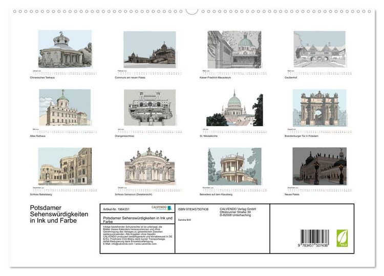 Produktbild: Potsdamer Sehensw&uuml;rdigkeiten in Ink und Farbe (hochwertiger Premium Wandkalender 2026 DIN A2 quer), Kunstdruck in Hochglanz