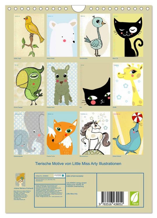 Produktbild: Tierische Motive von Little Miss Arty Illustrationen (Wandkalender 2026 DIN A4 hoch), CALVENDO Monatskalender