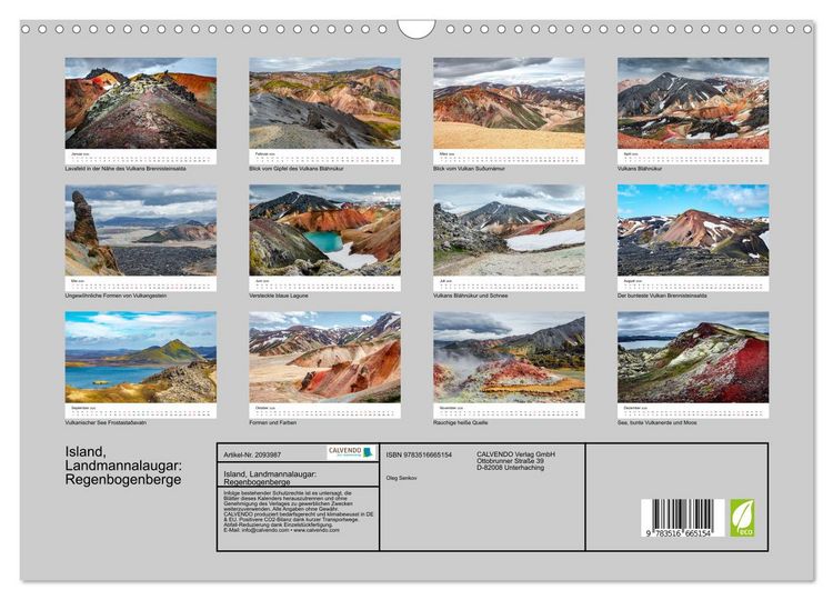 Produktbild: Island, Landmannalaugar: Regenbogenberge (Wandkalender 2026 DIN A3 quer), CALVENDO Monatskalender