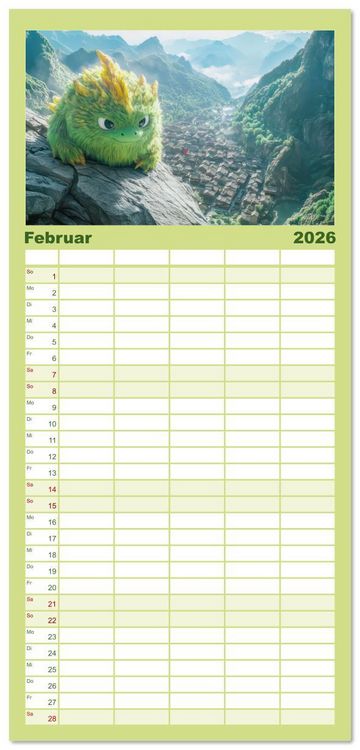 Produktbild: Familienplaner 2026 - Drachen - Verspielt und fluffig mit 5 Spalten (Wandkalender, 21 x 45 cm) CALVENDO