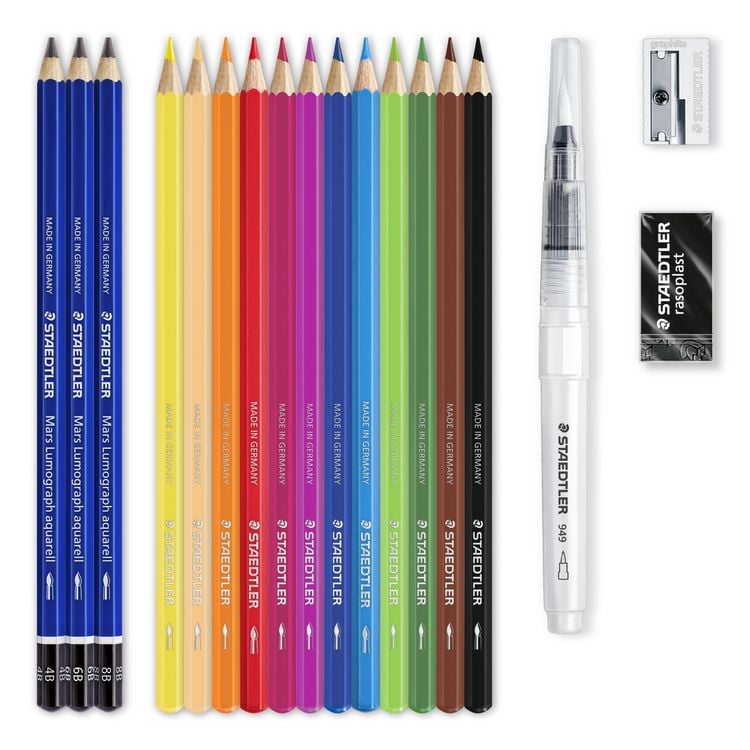 Produktbild: STAEDTLER Mixed Set Aquarell 3 Bleistifte, 12 Farbstifte, 1 Wasserpinsel, 1 Radierer und 1 Metallspitzer