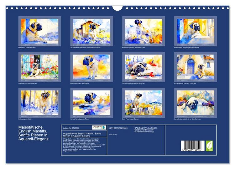 Produktbild: Majest&auml;tische English Mastiffs. Sanfte Riesen in Aquarell-Eleganz (Wandkalender 2026 DIN A3 quer), CALVENDO Monatskalender