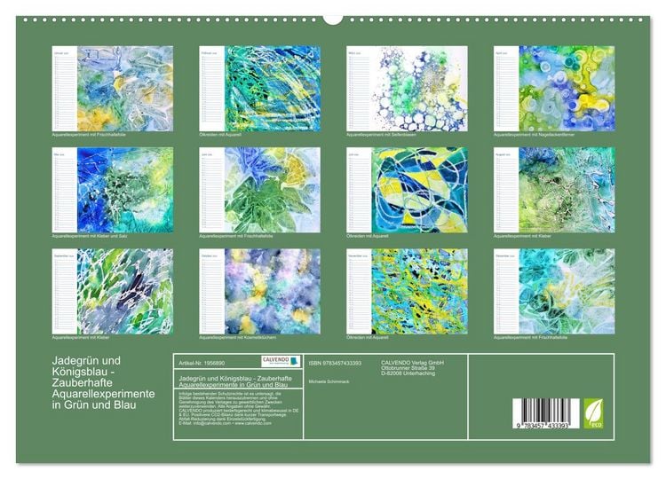 Produktbild: Jadegr&uuml;n und K&ouml;nigsblau - Zauberhafte Aquarellexperimente in Gr&uuml;n und Blau (hochwertiger Premium Wandkalender 2026 DIN A2 quer), Kunstdruck in Hochglanz