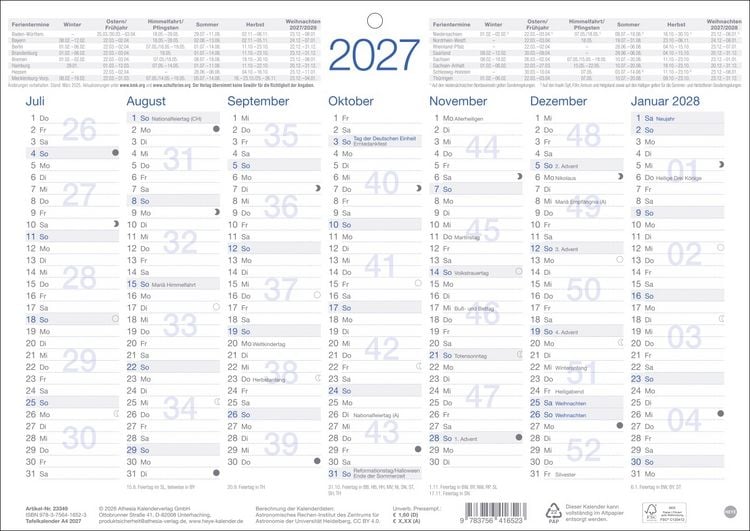 Produktbild: Tafelkalender A4 2027