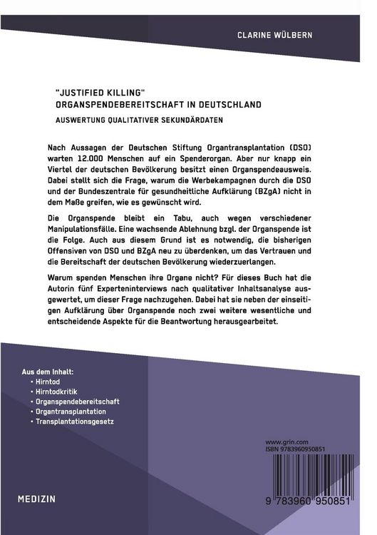 Produktbild: "Justified Killing". Organspendebereitschaft in Deutschland