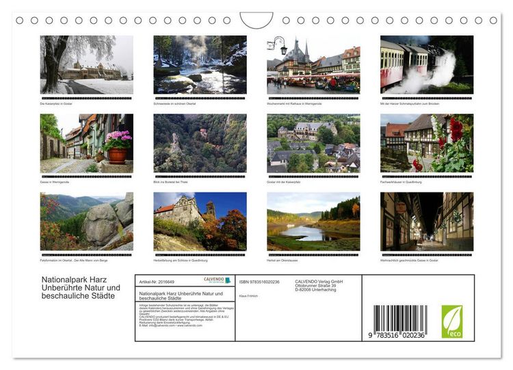 Produktbild: Nationalpark Harz Unber&uuml;hrte Natur und beschauliche St&auml;dte (Wandkalender 2026 DIN A4 quer), CALVENDO Monatskalender
