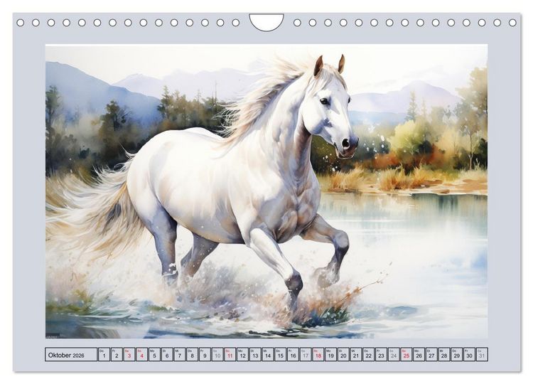 Produktbild: Anmutige Schimmel. &Auml;sthetik wei&szlig;er Aquarell-Pferde (Wandkalender 2026 DIN A4 quer), CALVENDO Monatskalender