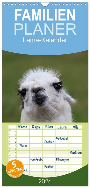 Produktbild: Familienplaner 2026 - Lama-Kalender mit 5 Spalten (Wandkalender, 21 x 45 cm) CALVENDO