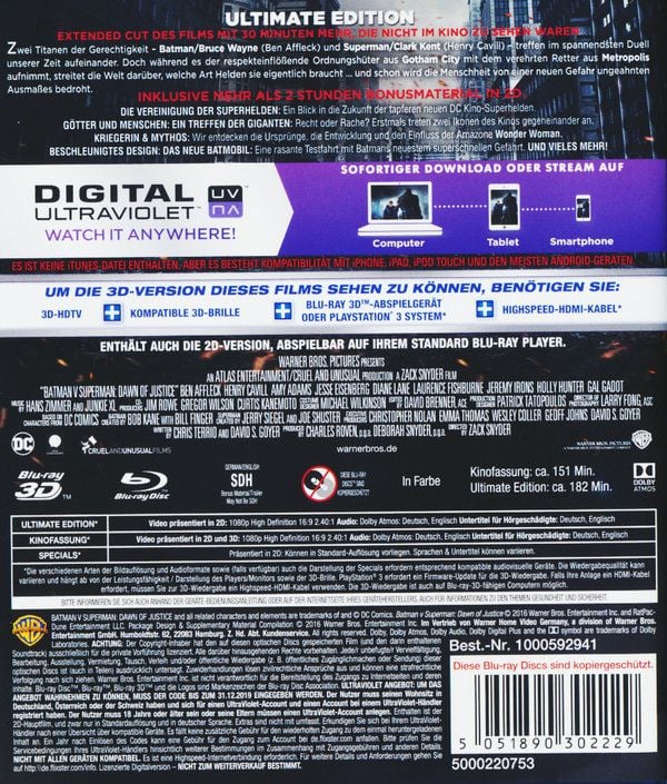 Produktbild: Batman v Superman: Dawn of Justice (+ Blu-ray 2D Kinofassung) (+ Blu-ray 2D Ultimate Edition)