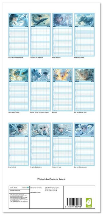 Produktbild: Familienplaner 2026 - Winterliche Fantasie Anim&eacute; mit 5 Spalten (Wandkalender, 21 x 45 cm) CALVENDO