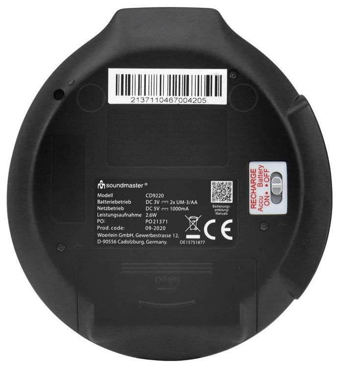Produktbild: SoundMaster CD9220 Tragbarer CD-Player CD, CD-R, CD-RW, MP3 Akku-Ladefunktion Schwarz, Grau