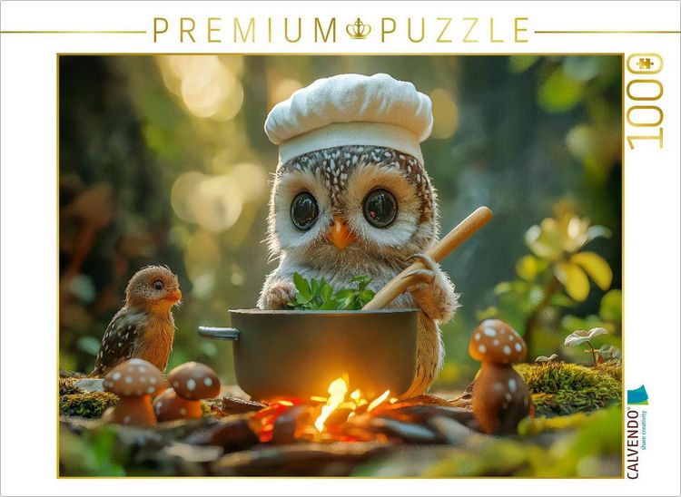 Produktbild: CALVENDO Puzzle S&uuml;&szlig;e Eule kocht am Lagerfeuer - K&ouml;stliche Waldgerichte von der Eulenk&ouml;chin | 1000 Teile Lege-Gr&ouml;&szlig;e 64x48cm Foto-Puzzle f&uuml;r gl&uuml;ckliche Stunden