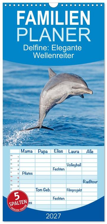 Produktbild: Familienplaner 2027 - Delfine: Elegante Wellenreiter mit 5 Spalten (Wandkalender, 21 x 45 cm) CALVENDO