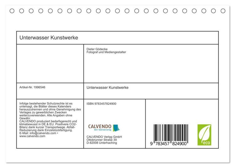 Produktbild: Unterwasser Kunstwerke (Tischkalender 2026 DIN A5 quer), CALVENDO Monatskalender