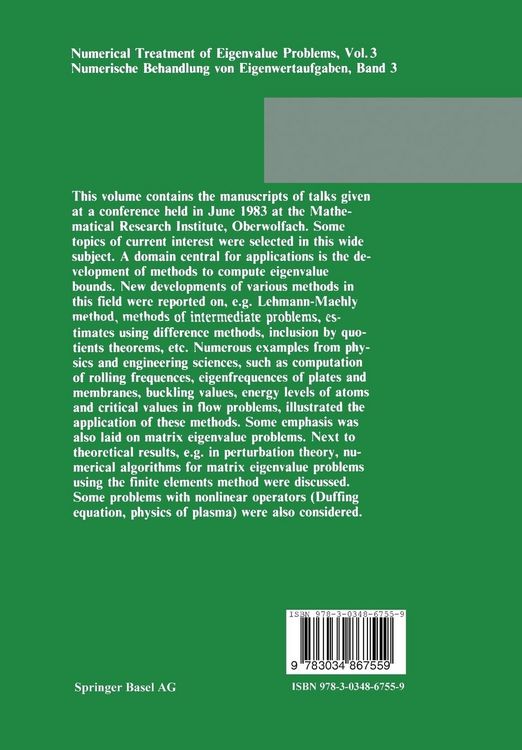 Produktbild: Numerical Treatment of Eigenvalue Problems Vol. 3 / Numerische Behandlung von Eigenwertaufgaben Band 3