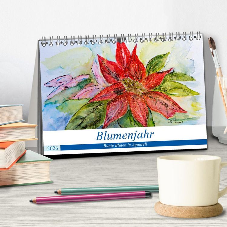 Produktbild: Blumenjahr - Bunte Bl&uuml;ten in Aquarell (Tischkalender 2026 DIN A5 quer), CALVENDO Monatskalender