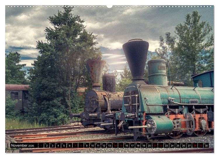 Produktbild: Lokomotiven und Wagen - Verfallen und vergessen auf dem Abstellgleis (hochwertiger Premium Wandkalender 2026 DIN A2 quer), Kunstdruck in Hochglanz