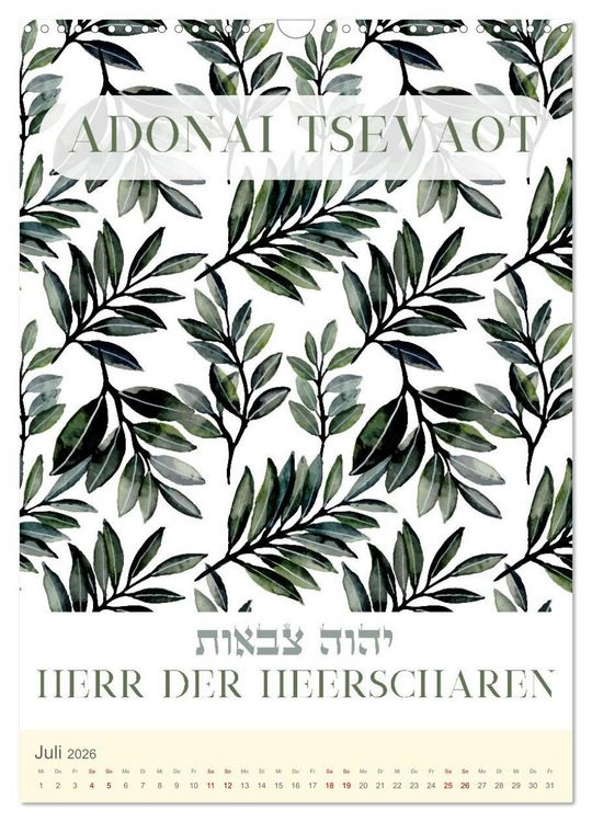 Produktbild: Hebr&auml;ische Namen Gottes aus der Torah (Wandkalender 2026 DIN A3 hoch), CALVENDO Monatskalender