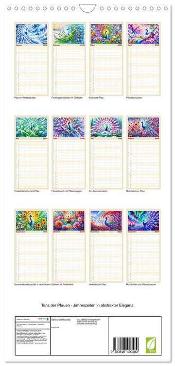 Produktbild: Familienplaner 2026 - Tanz der Pfauen - Jahreszeiten in abstrakter Eleganz mit 5 Spalten (Wandkalender, 21 x 45 cm) CALVENDO